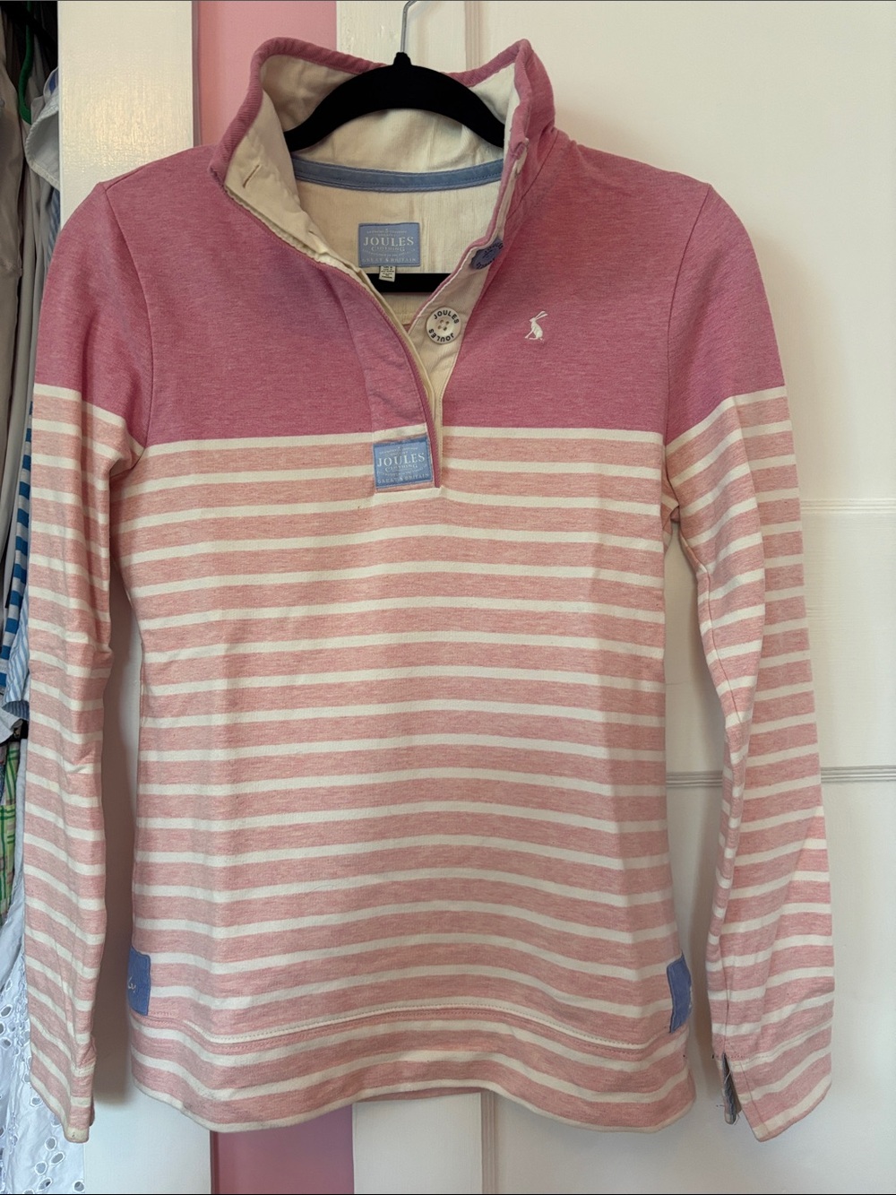 Joules Pink and Cream Striped Long-Sleeve Rugby Top